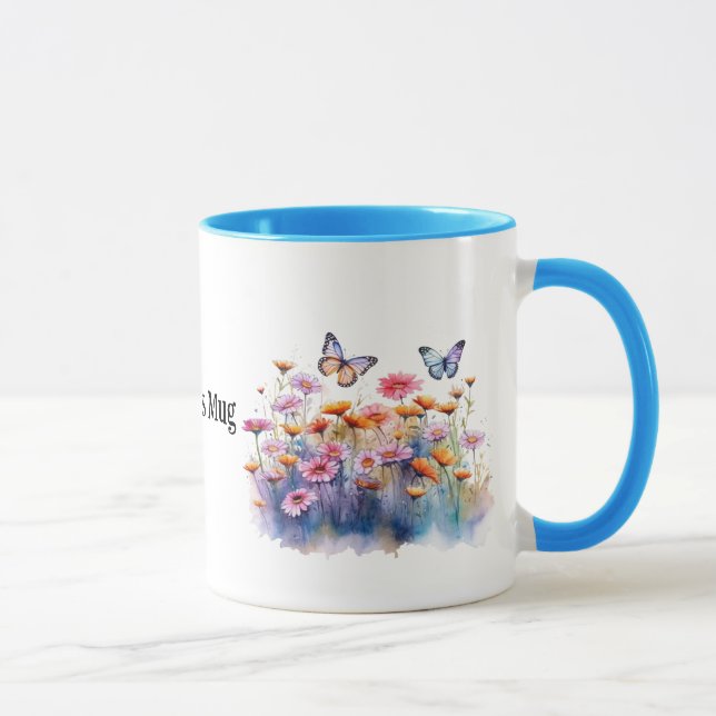 Wild Meadow Flowers with butterflies editable name Mug (Right)