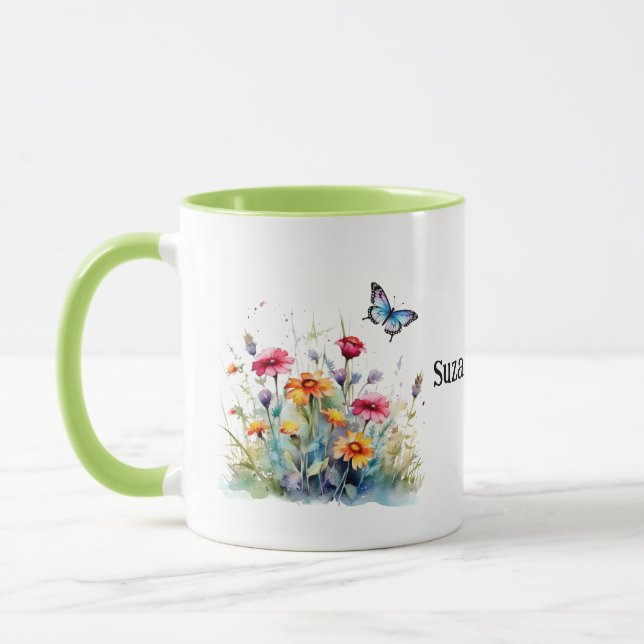 Wild Meadow Flowers with butterfly - editable name Mug (Left)