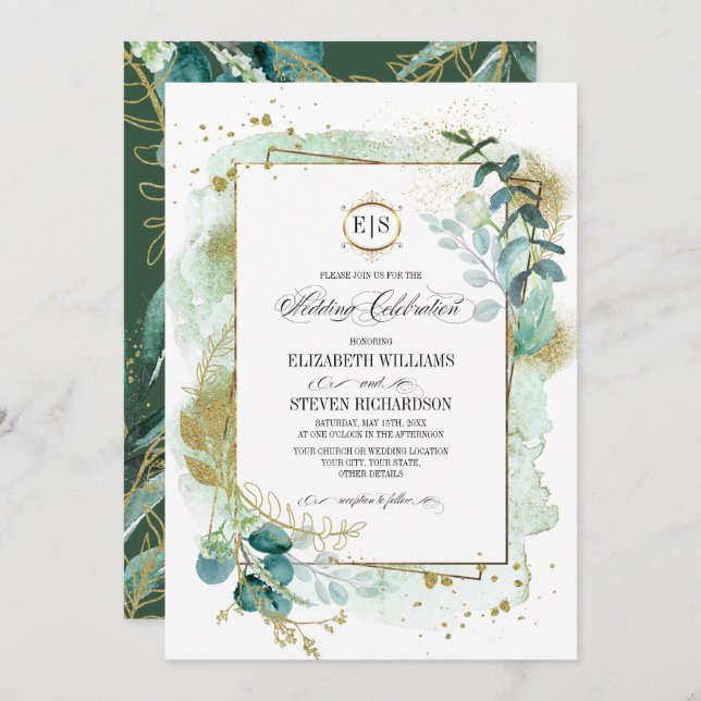 Wild Meadow | Green Botanical Geometric Wedding Invitation (Front/Back)