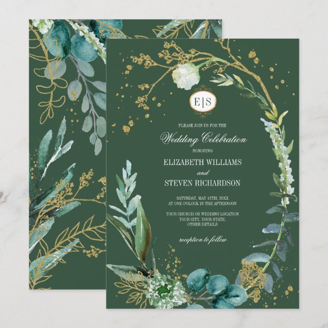 Wild Meadow | Green Botanical Geometric Wedding Invitation (Front/Back)