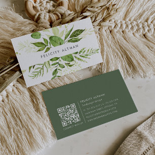 Wild Meadow Green Watercolor Botanical QR Code Business Card