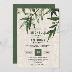 Wild Meadow Greenery Botanical Burlap Wedding Invitation