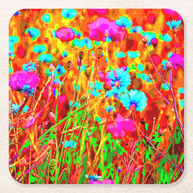 Wild Meadow in Bloom Pop Art Square Paper Coaster (Front)