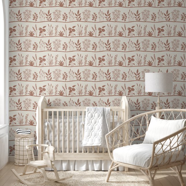 Wild Meadow Minimal Botanic Terracotta Silhouette Wallpaper (Kids)