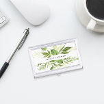 Wild Meadow | Personalised Business Card Holder<br><div class="desc">Elegant botanical business card holder features your name and/or business name framed by a border of lush watercolor leaves in shades of fern and forest green,  on a crisp white background. Matching business cards and accessories also available.</div>