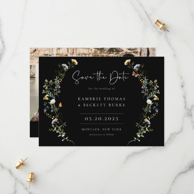 Wild Meadow Wreath Floral Photo Black Save The Date (Front/Back In Situ)