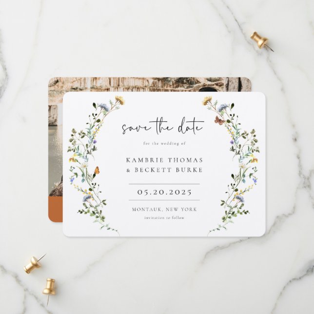 Wild Meadow Wreath Floral Photo Save The Date (Front/Back In Situ)