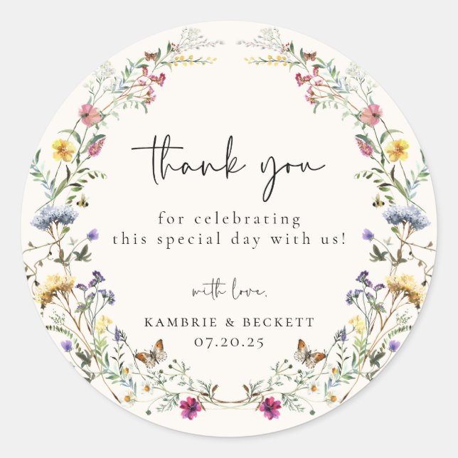 Wild Meadow Wreath Wedding Thank You Classic Round Sticker (Front)