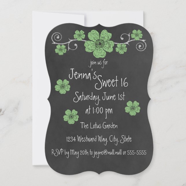 Wild Mint Green Roses Chalkboard Party Invitation (Front)