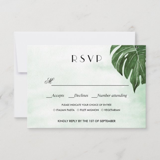Wild monstera leaves WEDDING RSVP MEAL CHOICE (Front)