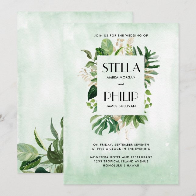 Wild  monstera tropical gold leaves wedding invitation (Front/Back)