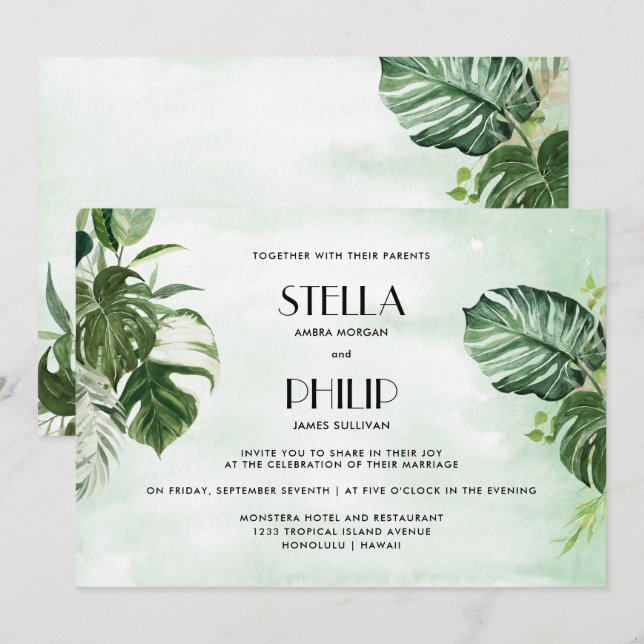 Wild monstera tropical leaves horizontal Twedding Invitation (Front/Back)