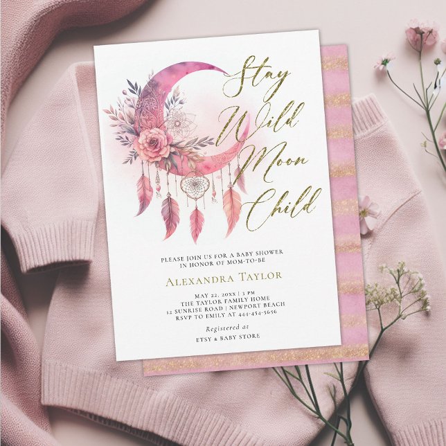 Wild Moon Child Boho Dreamcatcher Baby Girl Shower Invitation (wild moon child baby girl shower invitation pink boho dreamcatcher gold glitter elegant bohemian)