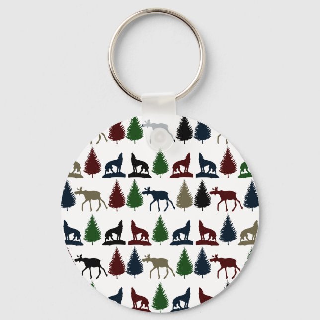 Wild Moose Wolf Wilderness Mountain Cabin Rustic Key Ring (Front)