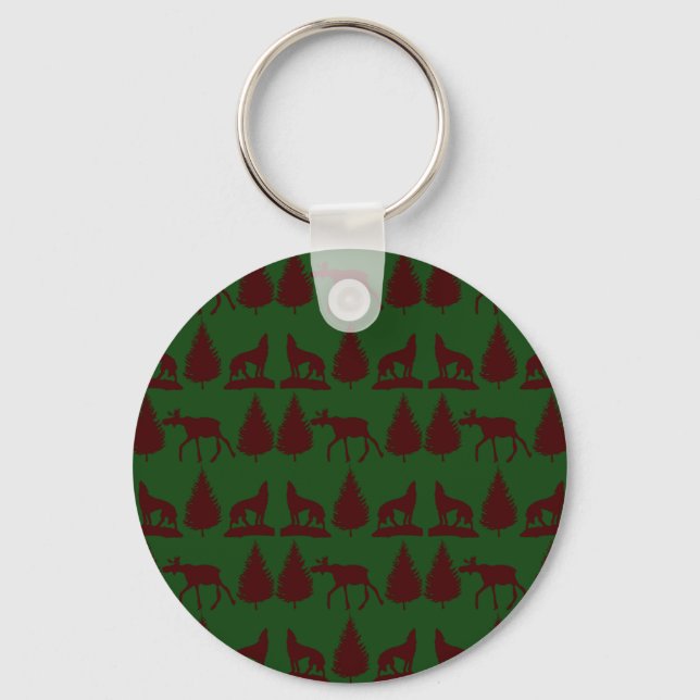 Wild Moose Wolves Pine Trees Rustic Green Maroon Key Ring (Front)