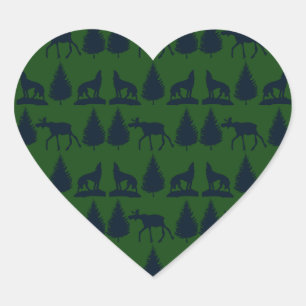 Wild Moose Wolves Pine Trees Rustic Green Navy Heart Sticker
