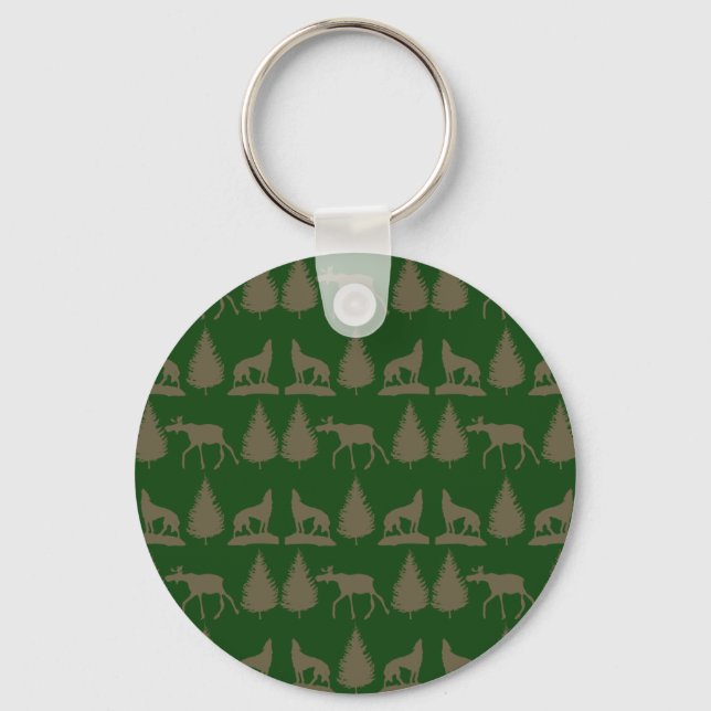 Wild Moose Wolves Pine Trees Rustic Tan Green Key Ring (Front)