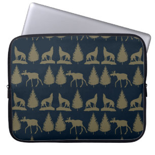 Wild Moose Wolves Pine Trees Rustic Tan Navy Blue Laptop Sleeve