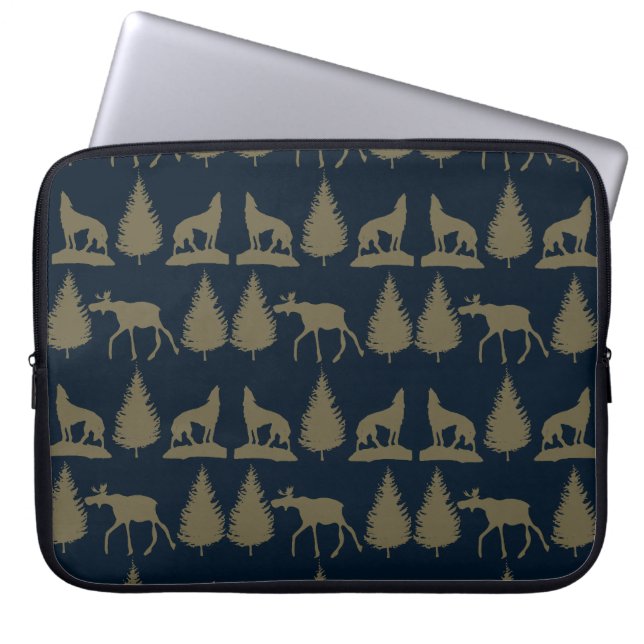 Wild Moose Wolves Pine Trees Rustic Tan Navy Blue Laptop Sleeve (Front)