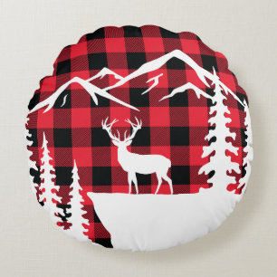 Wild Mountain Scene Buffalo Check Round Pillow
