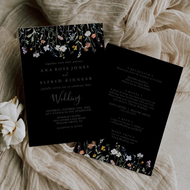 Wild Multicolor Floral Black Front & Back Wedding Invitation (Creator Uploaded)