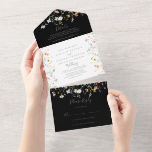Wild Multicolor Floral Black Wedding All In One Invitation
