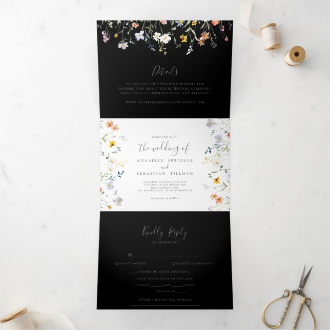 Wild Multicolor Floral Black Wedding  Tri-Fold Invitation (Inside)