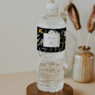 Wild Multicolor Floral Black Wedding  Water Bottle Label
