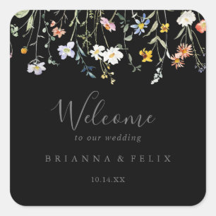 Wild Multicolor Floral Black Wedding Welcome Square Sticker