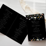 Wild Multicolor Floral Folded Black Wedding Programme<br><div class="desc">This wild multicolor floral folded black wedding program is perfect for a rustic wedding. The design features watercolor pink,  blush,  purple,  navy and white elegant flowers with emerald green leaves in a dark background.

Include a quote or short message,  order of service,  wedding party and thank you message.</div>