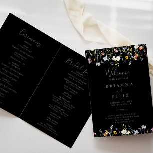 Wild Multicolor Floral Folded Black Wedding Programme