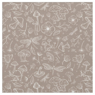 Wild Mushroom Botanical Print Fabric in Taupe