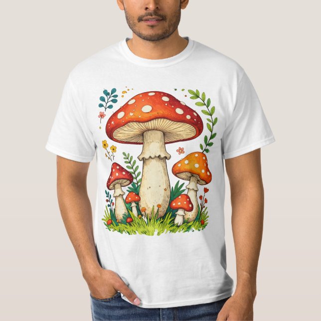 Wild mushrooms and flowers in grass forest nature T-Shirt (Front)