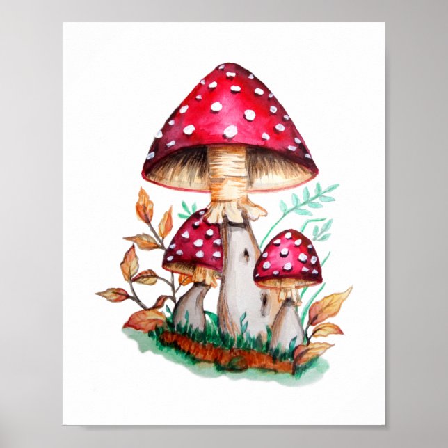 Wild Mushrooms Botanical Watercolor Painting Poster (Front)