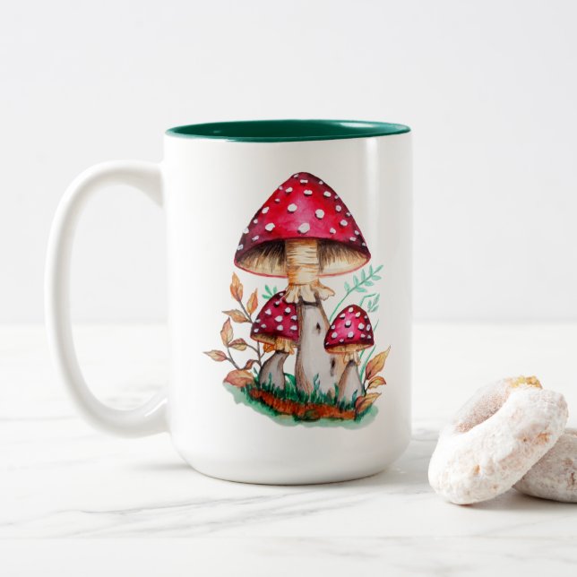 Wild Mushrooms Botanical Watercolor Painting Two-Tone Coffee Mug (With Donut)