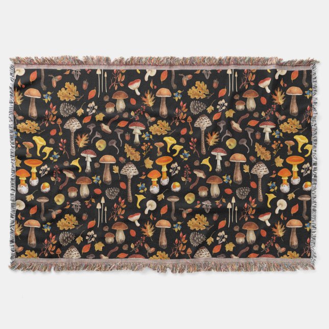 Wild mushrooms on black throw blanket (Front)
