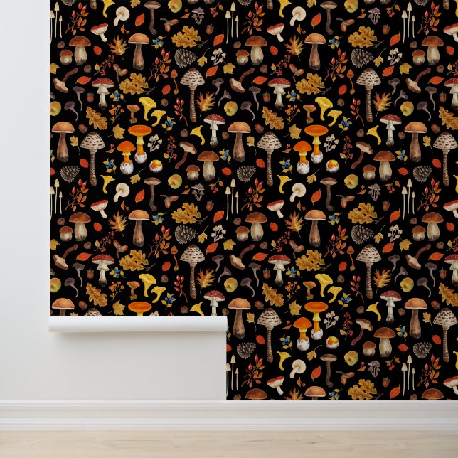 Wild mushrooms on black wallpaper (Application)