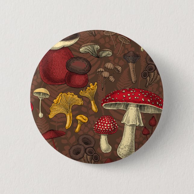 Wild mushrooms on brown 6 cm round badge (Front)