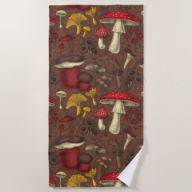 Wild mushrooms on brown beach towel (Front)