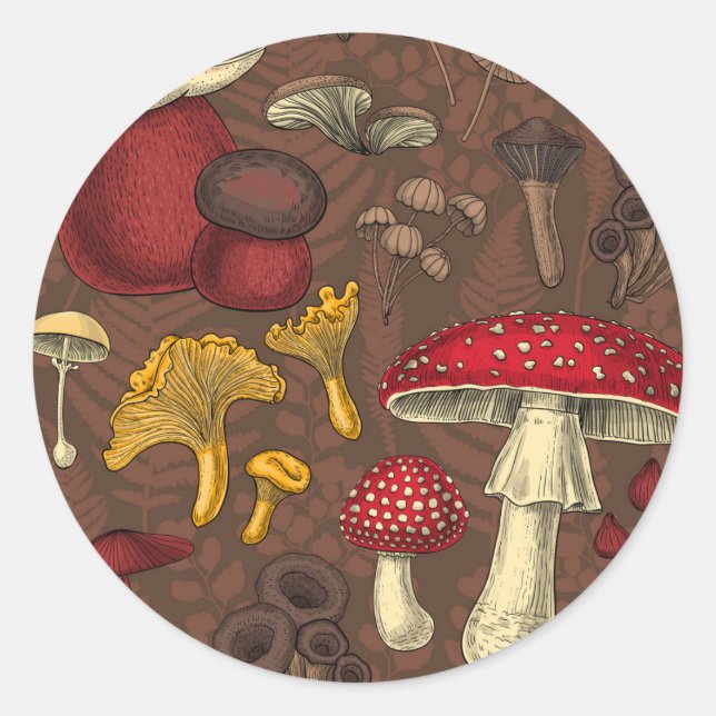 Wild mushrooms on brown classic round sticker (Front)