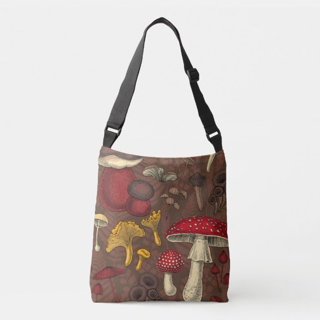 Wild mushrooms on brown crossbody bag (Front)
