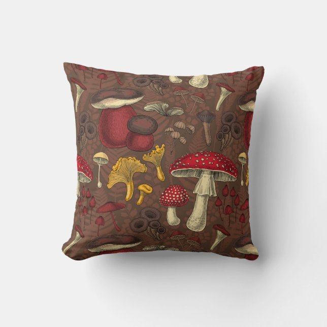 Wild mushrooms on brown cushion (Front)