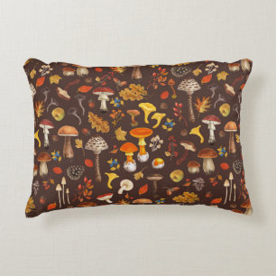 Wild mushrooms on brown decorative cushion