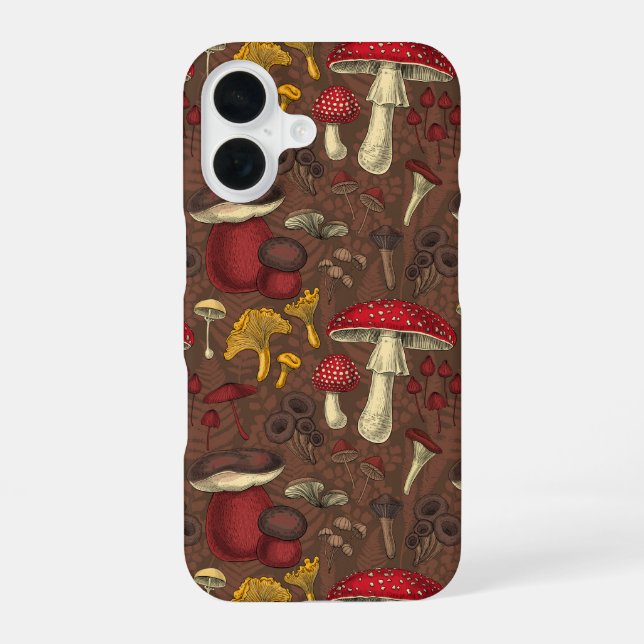 Wild mushrooms on brown iPhone 16 case (Back)