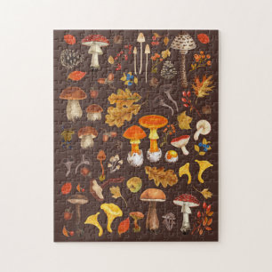 Wild mushrooms on brown jigsaw puzzle