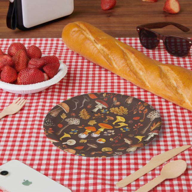 Wild mushrooms on brown paper plate (Picnic)