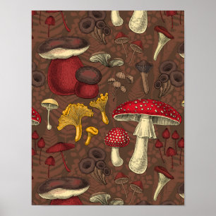 Wild mushrooms on brown poster