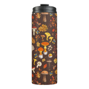 Wild mushrooms on brown thermal tumbler