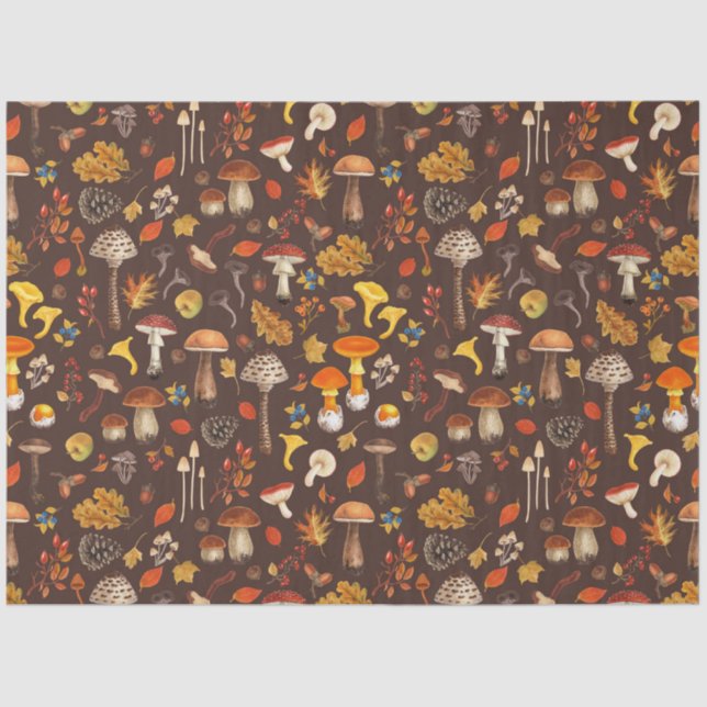 Wild mushrooms on brown tissue paper (Front)