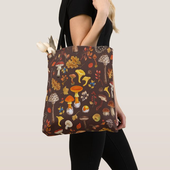 Wild mushrooms on brown tote bag (Close Up)